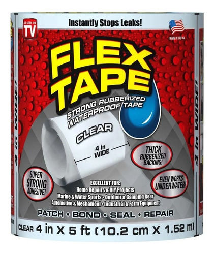 Cinta Impermeable De Goma Fuerte Flex Tape 4''x5' Clear