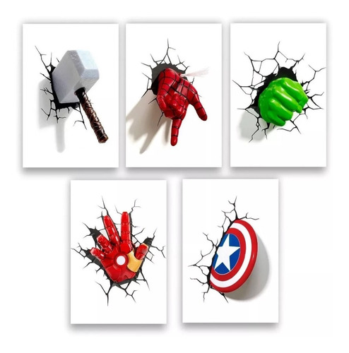 Kit 5 Quadrinhos 3d Placas Decorativas Marvel Herois