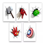 Kit 5 Quadrinhos 3d Placas Decorativas Marvel Herois