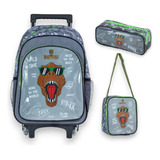 Kit Mochila Infantil De Rodinhas Dinossauro Cinza - Brw