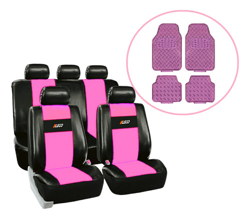 Funda Cubre Asiento Cuerina Rosa Auto + Alfombra 4p Rosa