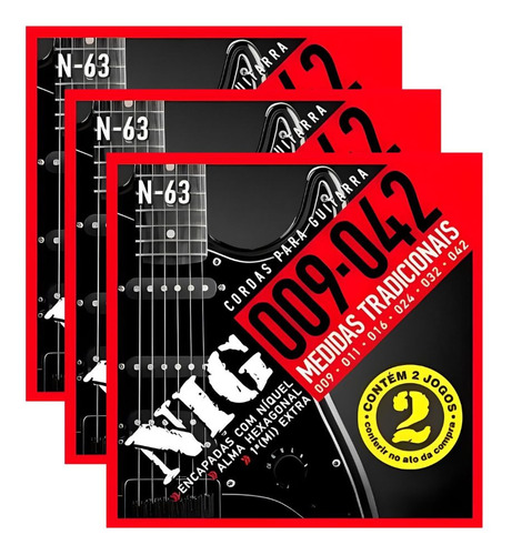 Kit 6 Encordoamentos Guitarra Nig N-63 Tensão Alta 009 - 042