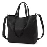 Cartera Tote Trendy Cuero Pu Negro Tira Ajustable Bolsillos Acabado De Los Herrajes Níquel Diseño De La Tela Lisa