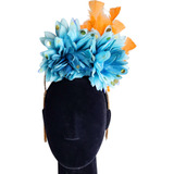 Tiara Headpiece Carnaval Flores Azuis E Penas Laranja - Simo
