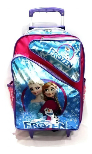 Mochila Infantil Frozen Ana & Elsa Rodinhas Tam G Meninas Cor Azul Desenho Do Tecido Frozen Disney