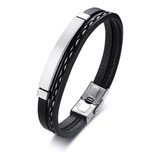 Pulseira Masculina Aço 316l Titânio Couro Legitimo Prateada