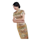 Vestido Longo (ou Qipao) Com Estampa Imperial - Dourado
