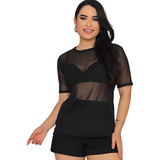 Camiseta Transparente Academia Feminina Basica Preta Branca