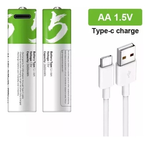 Kit 2 Pilas Aa 2700mah Led Litio Recargables Usb C+ Cable