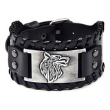 Pulsera De Cuero Para Hombre O Mujer Diseño Cabeza De Lobo Color Negro/antique Silver Largo 27