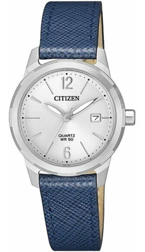 Reloj Citizen Mujer Cuero Clasico Fechador Doble Eu607019a Color De La Malla Azul Color Del Bisel Plateado Color Del Fondo Plateado