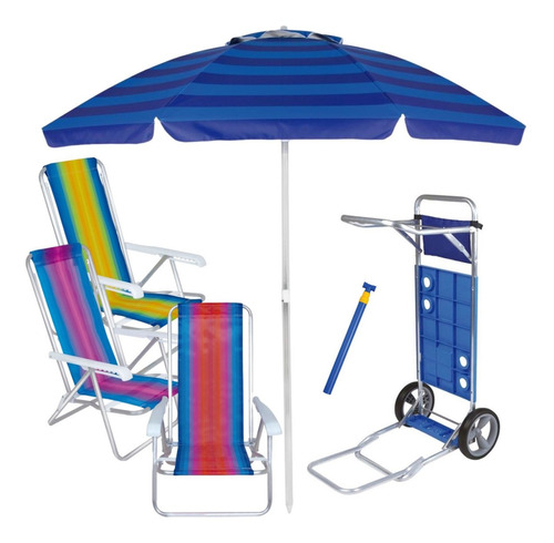 Kit Praia Cadeira Alum 8 Pos Guarda Sol 2,4m Carrinho Avanço