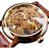 Reloj Dandy Clásico Mode Mecánico Transparente Dorado Cuero 