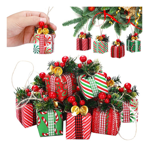 12 Piezas De Mini Cajas De Regalo Para Árbol De Navida...