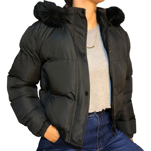 Campera Puffer Mujer Corta Con Capucha Piel Abrigo Inflable