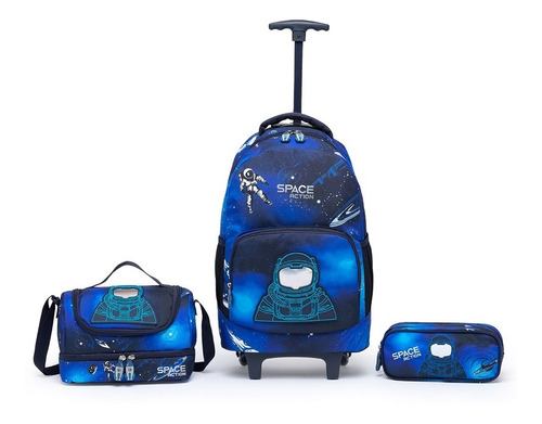 Kit Mochila + Estojo + Lancheira Térmica Astronauta Infantil