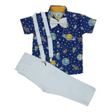 Roupa Infantil Camisa Astronauta Calça Suspensório Gravata