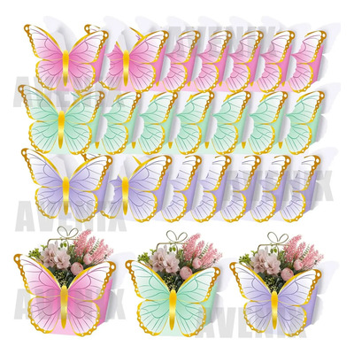 24pzs Decoración De Mesa Con Mariposas, Cajas De Flores Y Jarrones 3d De Papel Para Baby Showers, Cumpleaños De Niñas, Bodas Y Fiestas De Té.