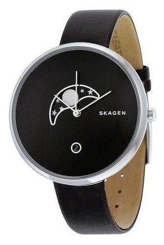 Reloj Skagen Mujer Face Lunar Malla Cuero Negro Moda Skw2372