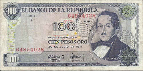 Colombia 100 Pesos Oro 20 De Julio 1971 8 Dígitos