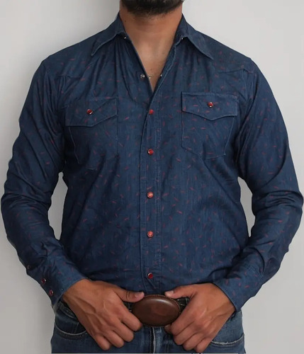 Camisa Vaquera Clásica  Mezclilla Estampada, Gran Herradura  | Envío gratis