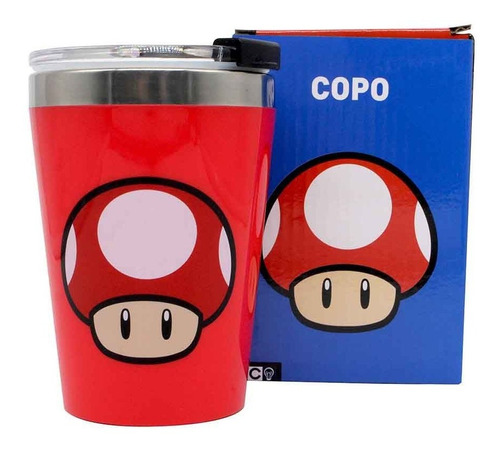 Copo C/ Tampa Cogumelo Toad Super Mario Bros Cor Vermelho