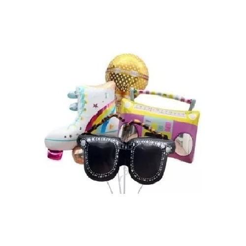 Pack 4 Globos Metalizado Patin Microfono Radio Anteojos 70cm