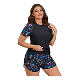 Traje Baño Negro Dama Gordita Short Blusa Manga Ropa Playa