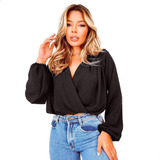 Camisa Cropped Crepe Duna Blusa Manga Longa Transpassada