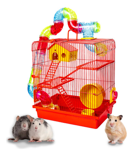 Gaiola Com Casinha E Tubo Para Hamster 3 Andares Cor Vermelho