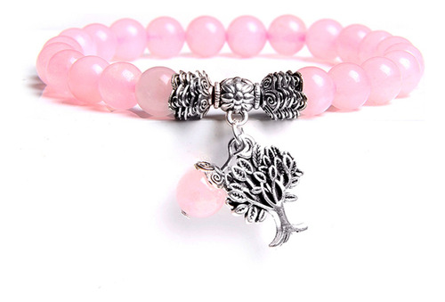 Pulsera Cuarzo Rosa Natural Árbol De La Vida Elástica Chacra