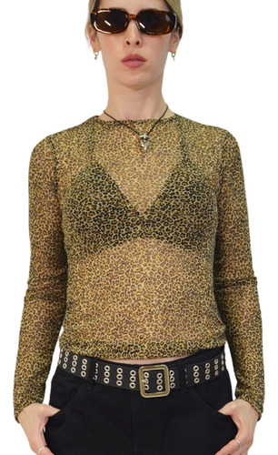 Remera Tul Animal Print Manga Larga Transparencia Tendencia