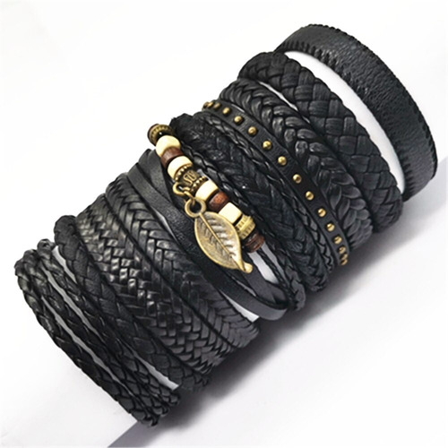 Pulsera Manilla Brazalete Set Cuero Color Negro Hombre Mujer