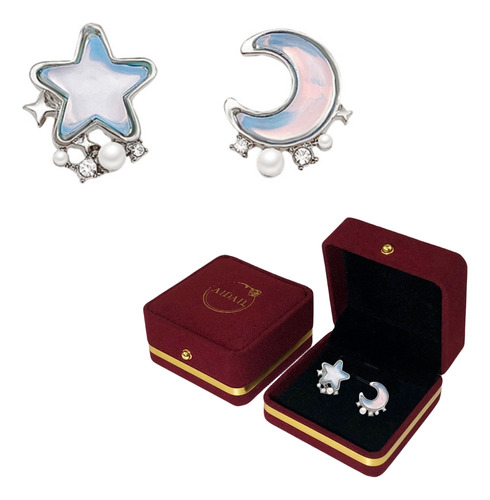 Aretes Asimétricos Con Estrella Y Luna Para Mujer