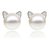 Aretes De Gato Perla Plata - Regalo Memorial - Mujeres