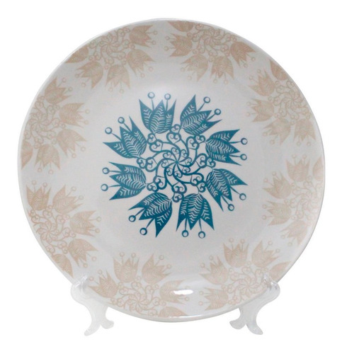 Prato Decorativo Porcelana Etnia Com Suporte Transparente