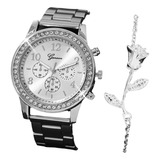 Reloj Mujer Juvenil Femenino + Pulsera Diseño Rosa Plata