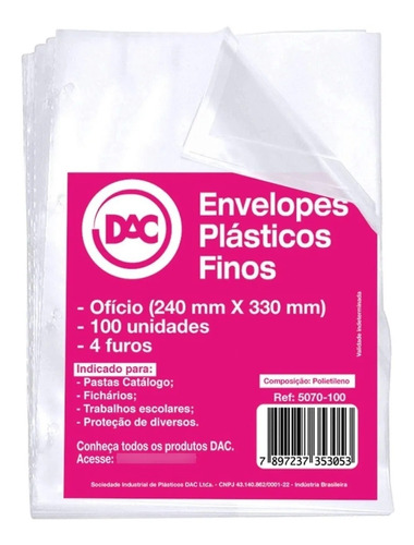 Saco Plastico Para Fichario A4 Tamanho 24x33 - 4 Furos 100un