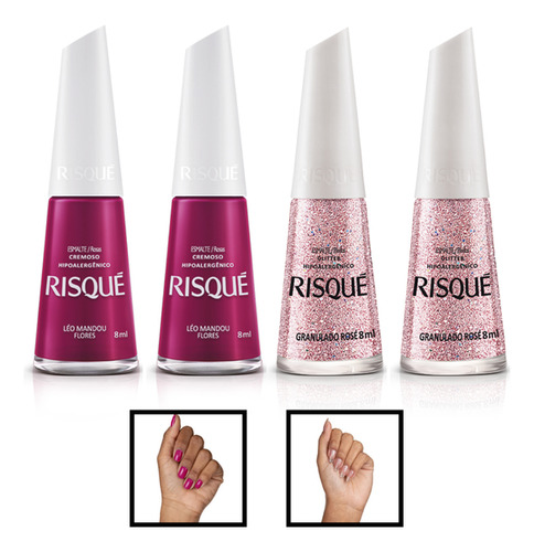 Kit 4 Esmaltes Risque Atacado Tons De Rosa Cremoso E Glitter