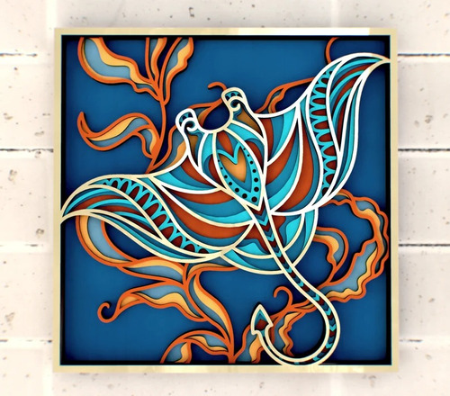 Cuadro Decorativo Manta Raya Oceano Mandala Colorido Madera