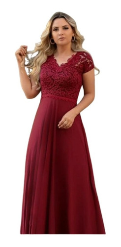 Vestido Longo Madrinha Evangélico Manga Rose Marsala Royal 