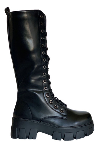 Bota Larga Mujer Estilo Combat Cordones Negra Y Blanca 