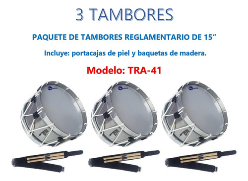 3 Tambores Reglamentarios Aros Aluminio Piola Blanca Tra-41