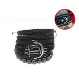 Pulseira Masculina Couro Ancora Pedra Hematita Kit 3 Combo