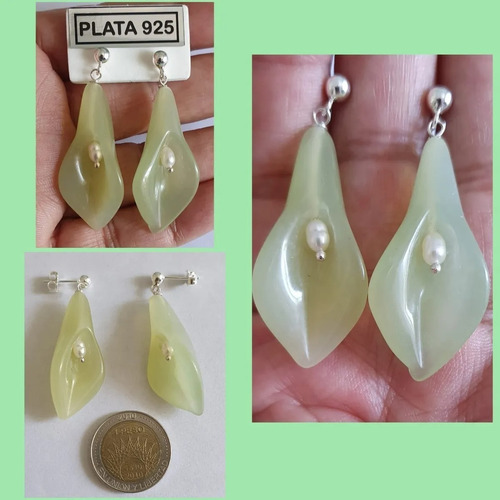 Aros Jade Verde Natural Cala Tallada Y Perlas En Plata 925