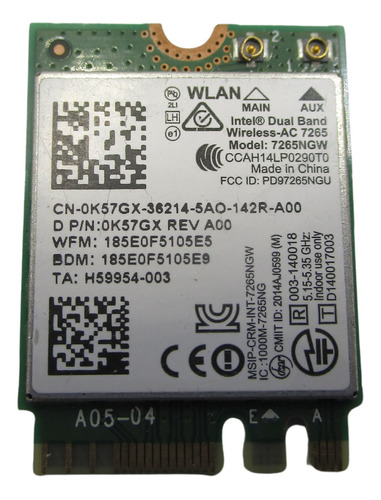 Tarjeta Wireless Intel Dual Band Ac 7265 Dell E5450 0k57gx