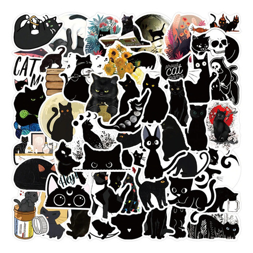 50 Stickers De Gatos Negros Kawaii - Etiquetas Autoadhesivas