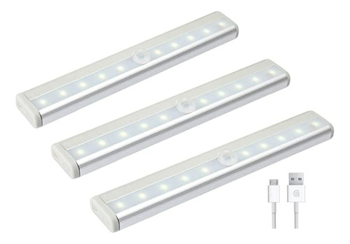 Pack X3 Luces Luz Barra Led Recargable Con Sensor Movimiento