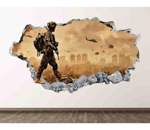 Vinilo 3d Pared Rota Soldado Guerra Warzone Decoración