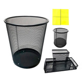 Kit Organizador De Mesa Cesto Lixeira Porta Canetas Preto